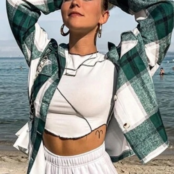 Plaid Stripe green Oversized Flannel Shirt Shacket - Picture 14 of 16